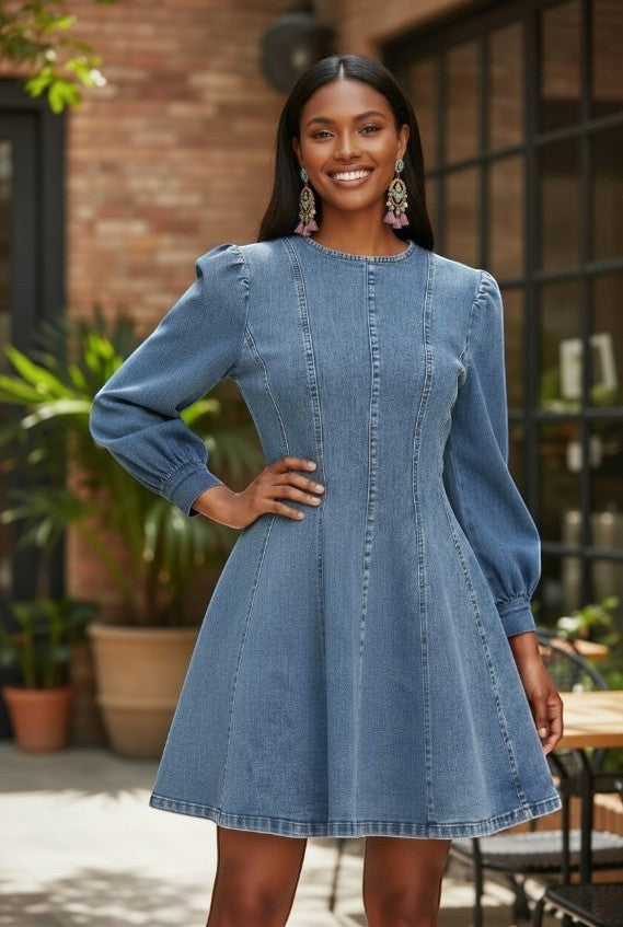 denim flare dress with sleeves Womens Flare Sleeve Belted Denim Dress