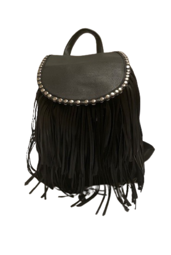 Studded black faux leather fringe backpack 