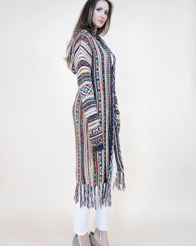 women's hooded tribal knit sweater