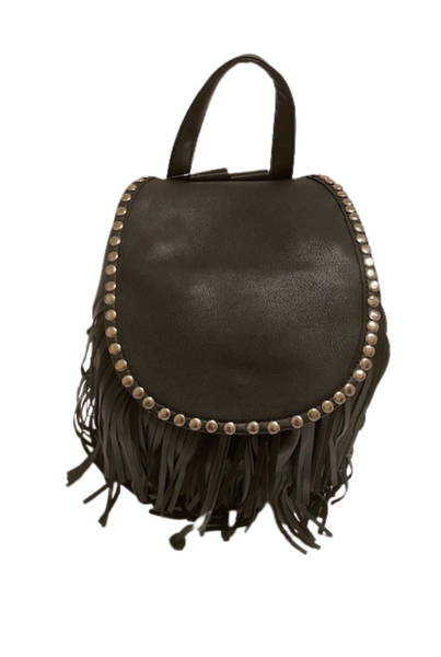 Studded black faux leather fringe backpack 