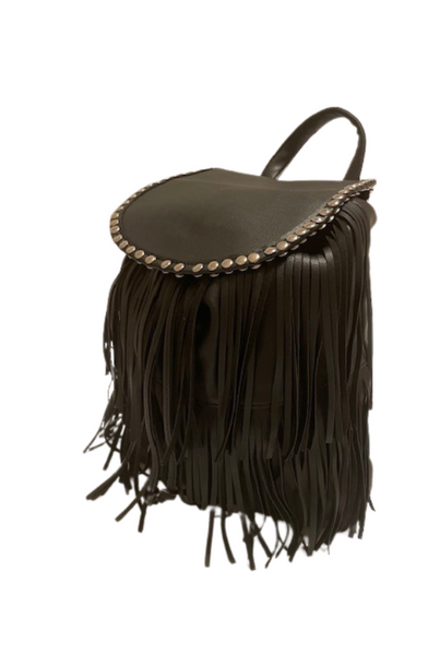 Studded black faux leather fringe backpack 