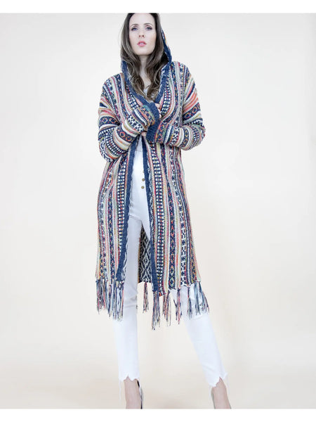 women's hooded tribal knit sweater