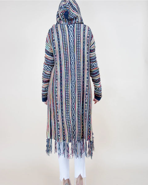 women's hooded tribal knit sweater