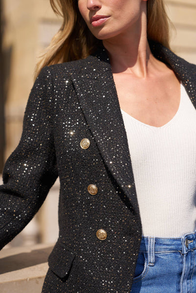 Textured black sequin tweed double-breasted blazer jacket