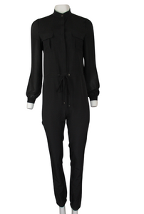 Long sleeve jumpsuit. Drawstring, snap buttons, elastic waist in back