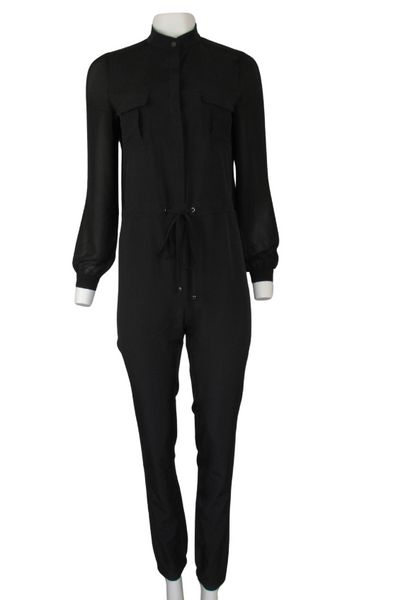 Long sleeve jumpsuit. Drawstring, snap buttons, elastic waist in back