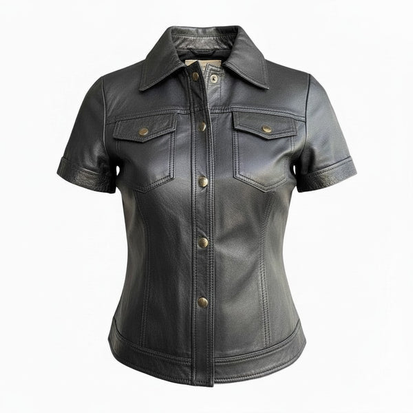 Short sleeve black denim style leather jacket. Chest pockets, jean buttons.