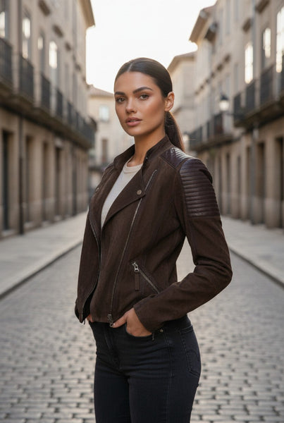 Woman wearing a brown leather jacket on a city street