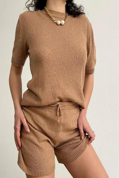 Brown knit top with matching drawstring shorts