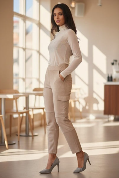 cream long sleeve turtleneck and khaki color faux suede cargo pants 