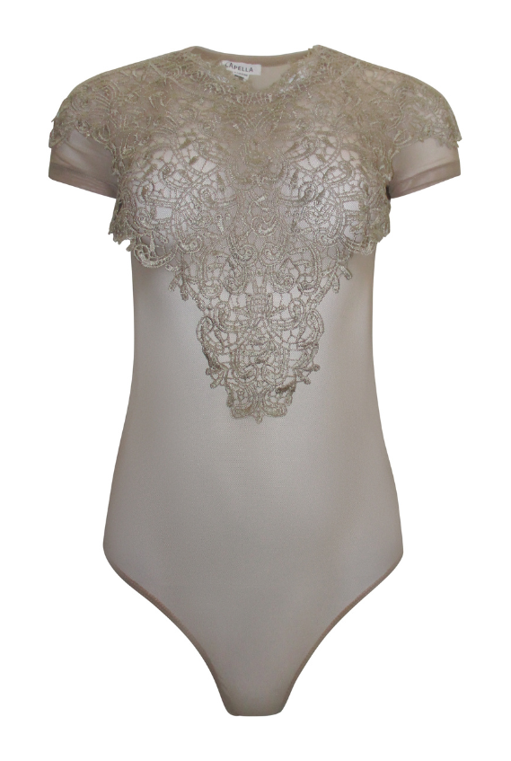 Beige Embroidery Detailed Front Sheer Mesh Bodysuit