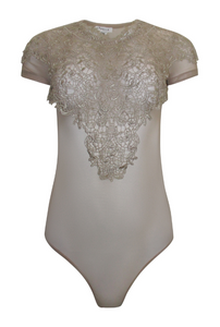 Beige Embroidery Detailed Front Sheer Mesh Bodysuit