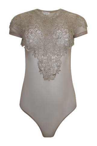 Beige Embroidery Detailed Front Sheer Mesh Bodysuit