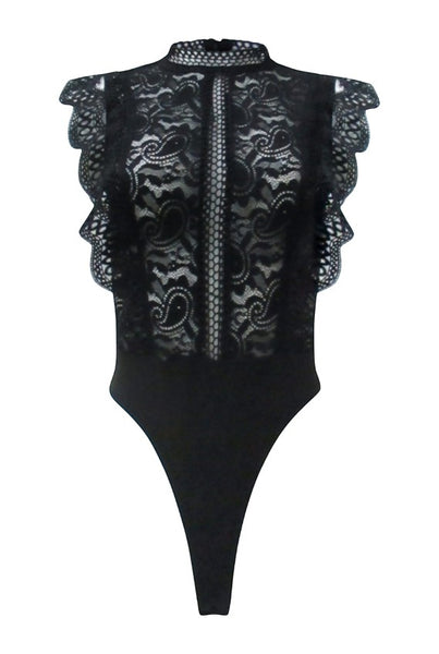 Black Sleeveless Ruffle & Lace Bodysuit