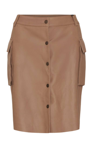 Above knee, taupe nappa leather skirt.