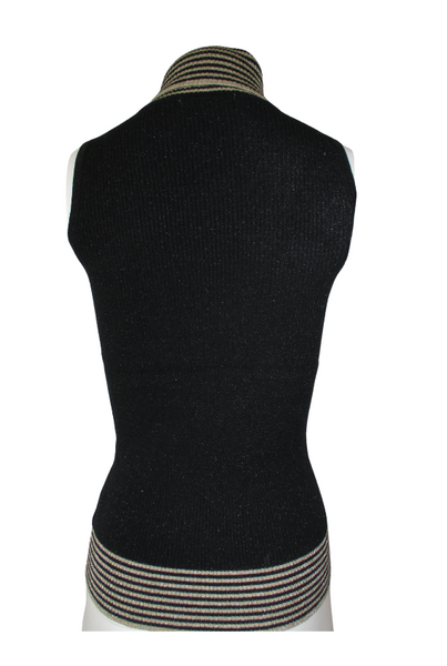  glitter knit turtleneck sweater, sleeveless, stripe bicolor bands on the collar and at the bottom