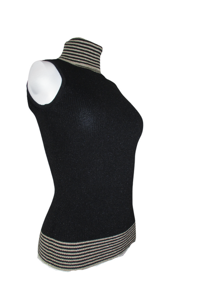  glitter knit turtleneck sweater, sleeveless, stripe bicolor bands on the collar and at the bottom