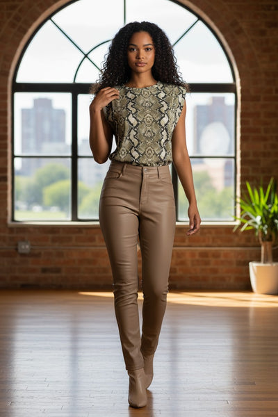 Woman in a snake skin print patterned top and beige pants standing outdoors on a sunny day.