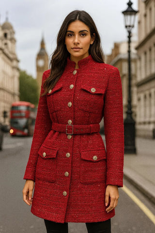 Red tweed with metallic thread, knee length, button up coat, with gold buckle waist belt