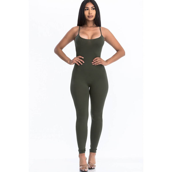 Soft, light weight, stretch fabric women's jumpsuit. Sleeveless, camisole thin straps, open back