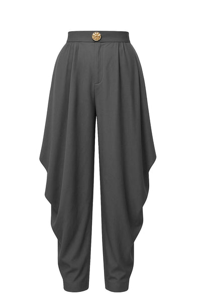 Collab Boutique asphalt grey polyester ruched flare dress pants with gold pendant closure and tapered ends.