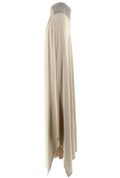 Collab Boutique beige cotton jersey palazzo pants with ribbed waist detail and flowing wide legs.