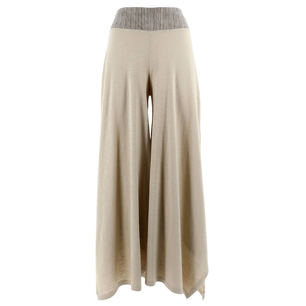 Collab Boutique beige jersey cotton palazzo pants with ribbed waist detail and flowing wide legs.