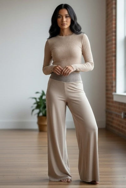 Collab Boutique beige jersey cotton palazzo pants with ribbed waistband and loose fit.