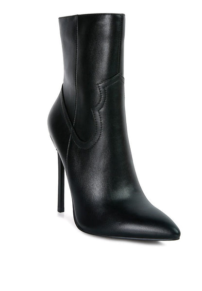 Collab Boutique black faux leather ankle boots with pointed toe, stiletto heel, and stitch detail.