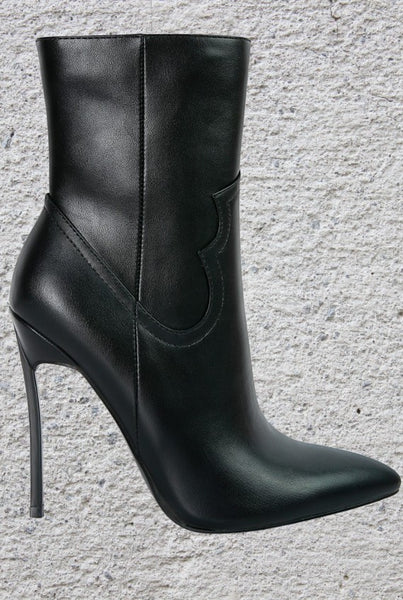 Collab Boutique black faux leather ankle boots with pointed toe, stiletto heel, and stitch detail.