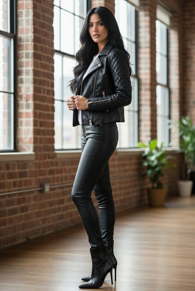 Collab Boutique black faux leather pointed toe stiletto heel ankle boots with side zipper.