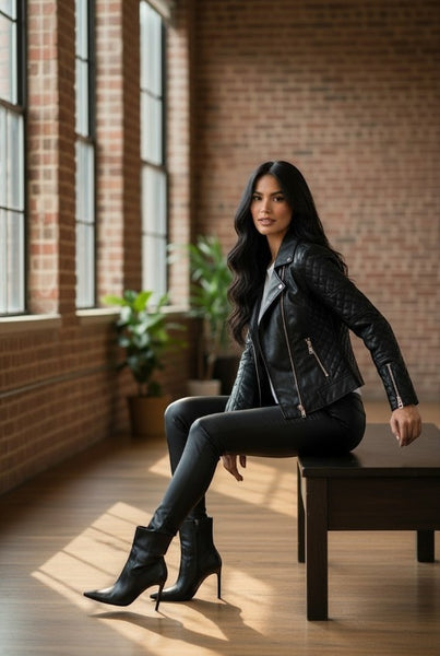 Collab Boutique black faux leather ankle boots with pointed toe, stiletto heel, and side zipper detail.