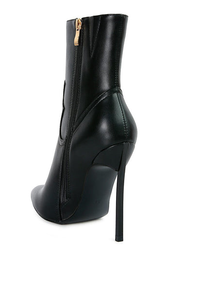 Collab Boutique black faux leather ankle boots with stiletto heel, pointed toe, and side zipper.