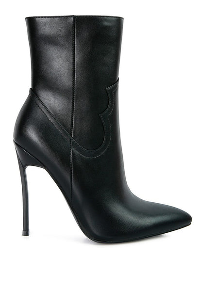 Collab Boutique black faux leather ankle boots with pointed toe, stiletto heel, and side zipper.