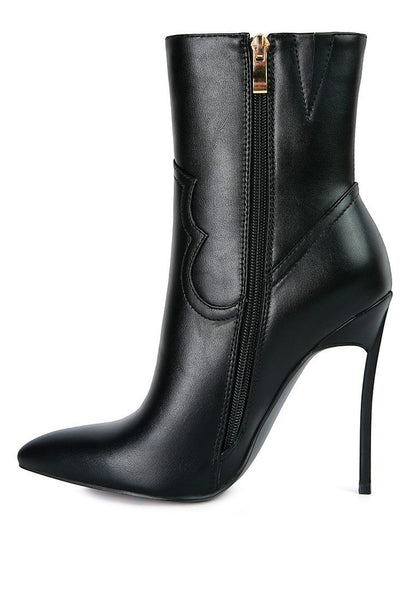 Collab Boutique black faux leather ankle boots with pointed toe, stiletto heel, side zipper and stitch detail.