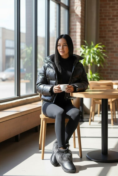 Collab Boutique black faux leather cropped puffer jacket with glossy finish and polyester fill.