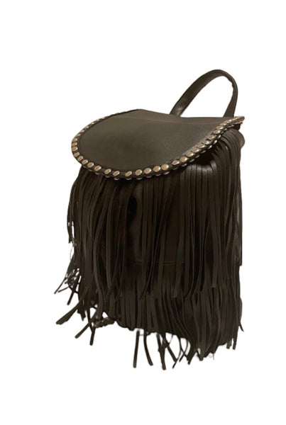 Collab Boutique black faux leather backpack with silver studded trim and long fringe detail.