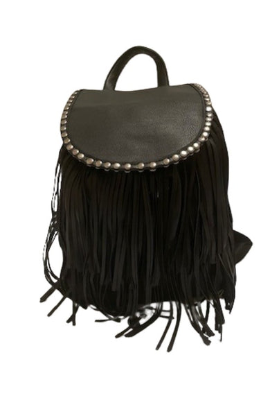 Collab Boutique black faux leather backpack with silver studded trim and long fringe detail.
