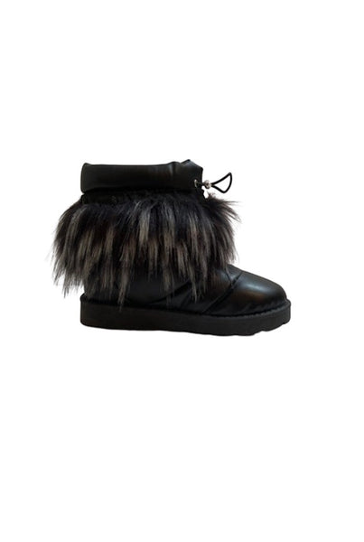 Collab Boutique black faux leather snow boots with quilted detail and fluffy grey/black faux fur trim.