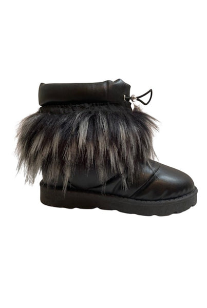 Collab Boutique black faux leather snow boots with fluffy grey and black faux fur trim and drawstring closure.