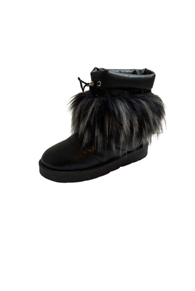 Collab Boutique black faux leather snow boots with fluffy grey and black faux fur trim and lining.