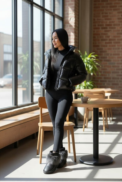 Collab Boutique black faux leather snow boots with fuzzy lining and black and white faux fur trim.