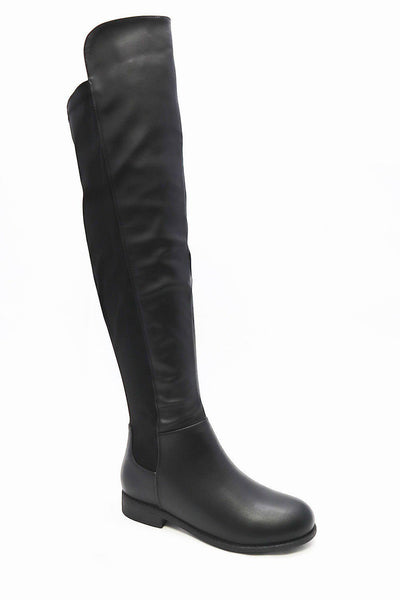 Collab Boutique black faux leather over the knee boots with side zipper and elasticated back panel.