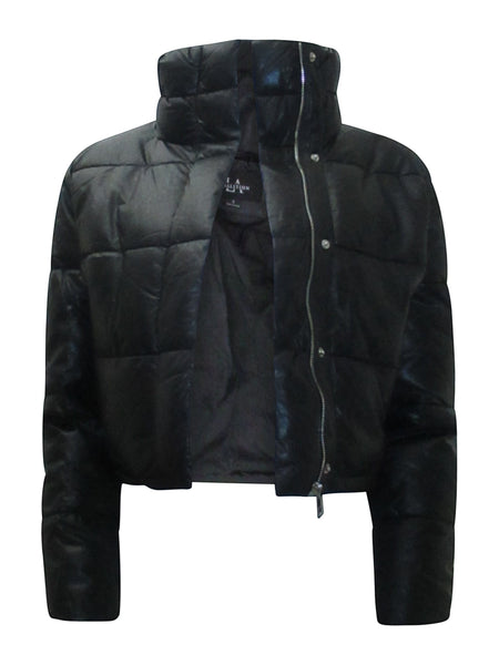 Collab Boutique black faux leather cropped puffy bomber jacket with high collar and silver zipper.