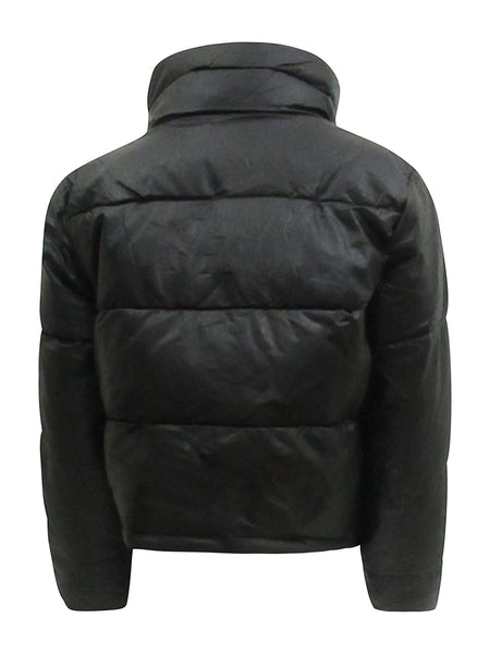 Collab Boutique black faux leather cropped puffy bomber jacket with polyester fill.