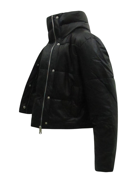 Collab Boutique black faux leather cropped puffy bomber jacket with high collar and silver zipper.