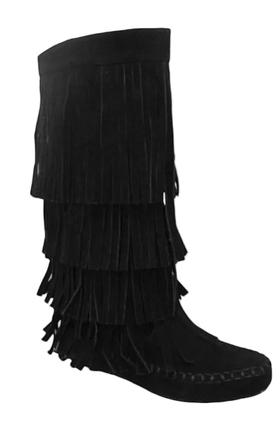 Collab Boutique black faux suede moccasin boots with layered fringe and side zipper.