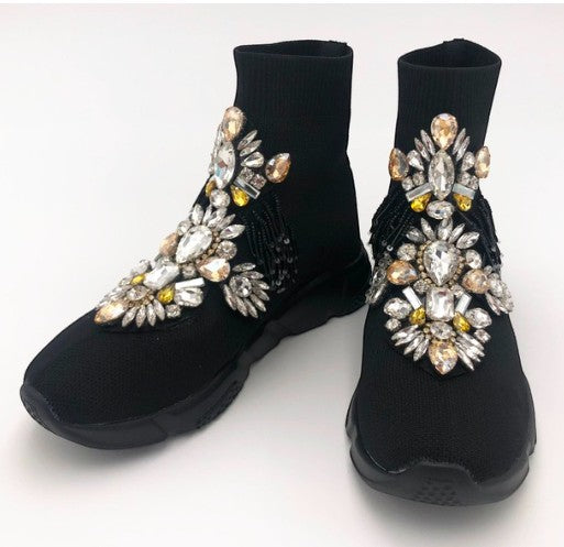 Collab Boutique black sock sneakers with elaborate jewel embellishments and beaded fringe.