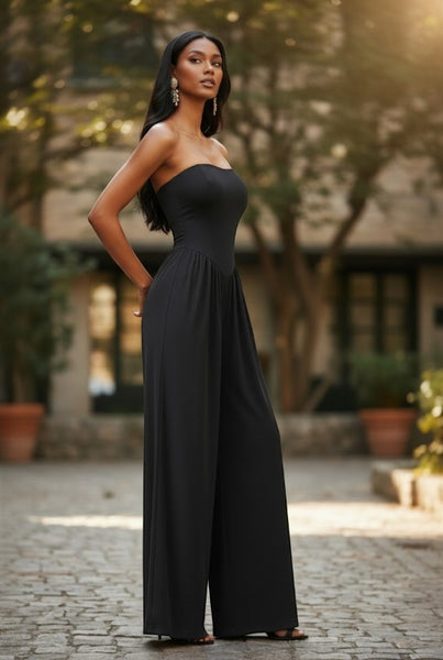 Collab Boutique black strapless V-neck drop waist wide-leg jumpsuit with pockets, made of polyester and spandex.