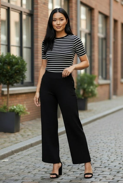 Collab Boutique black knit wide leg capri pants with ribbed elastic waist and button detail.